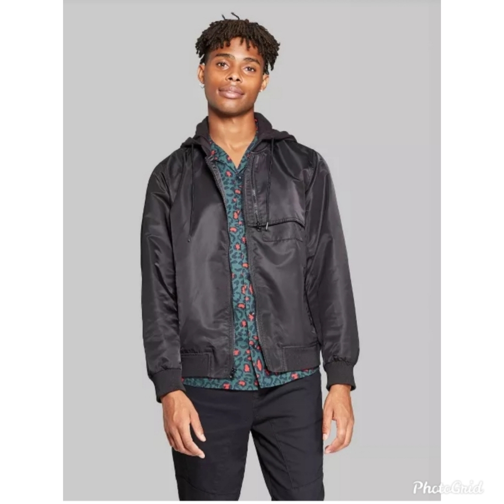 Original Use Mens Black Hooded Bomber Jacket - Picture 2 of 9